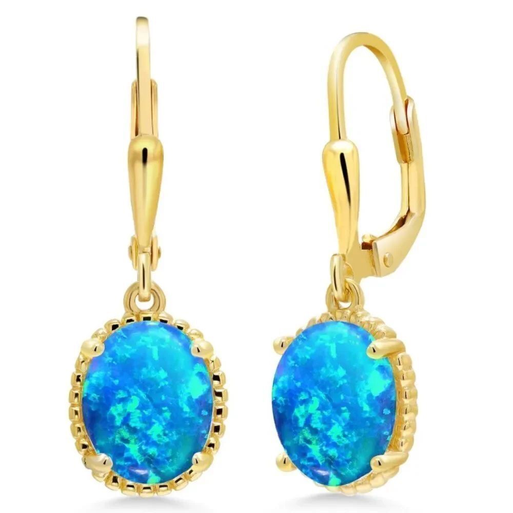 18K Yellow Gold 925 with 1.12 Cttw Blue Opal Oval Leverback Hook Earrings
